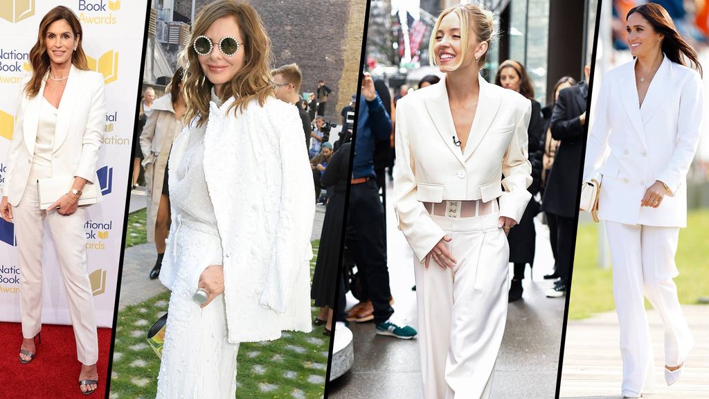 Celebrities wearing white suits - and not to a wedding! From left to right: Cindy Crawford, Trinny Woodall, Sydney Sweeney, Meghan Markle