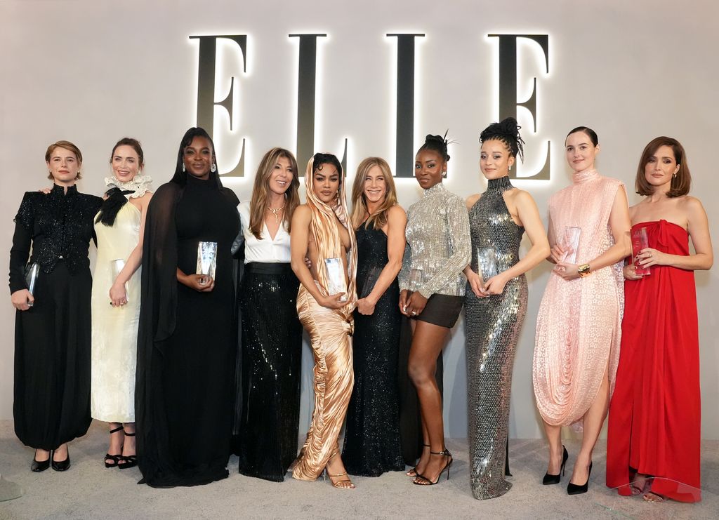 Nina Garcia, Editor-in-Chief, ELLE, wearing Ralph Lauren and Bvlgari, (4th from L), poses with honorees (from L) Jessie Buckley, wearing Ralph Lauren, Emily Blunt, wearing Ralph Lauren and Bvlgari, Wunmi Mosaku, wearing Ralph Lauren, Teyana Taylor, Jennifer Aniston, wearing Ralph Lauren, Jayme Lawson, Chase Infiniti, wearing Ralph Lauren, Renate Reinsve, and Rose Byrne, wearing Ralph Lauren and Bvlgari, pose onstage in line