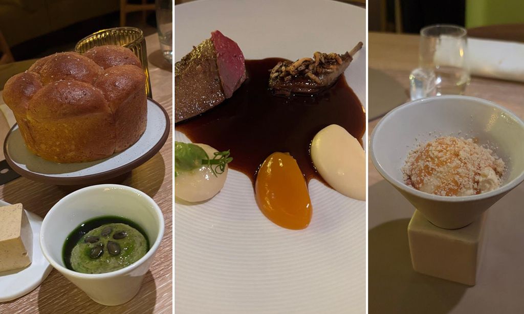 Triptych image of plates of food on a table