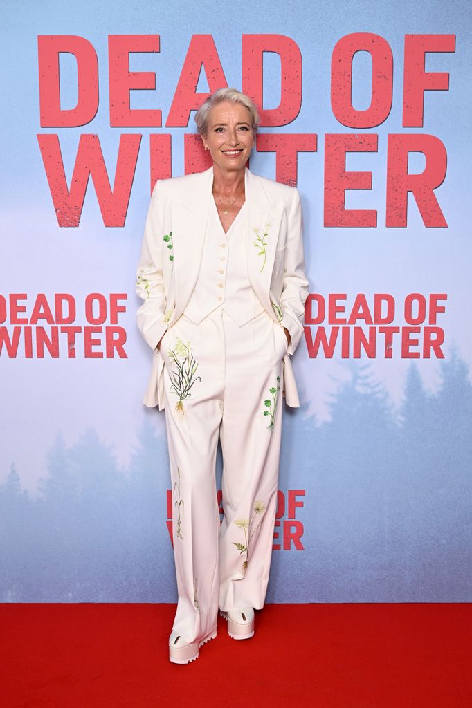 Emma Thompson at the "The Dead Of Winter" UK Gala, wearing an all-white suit