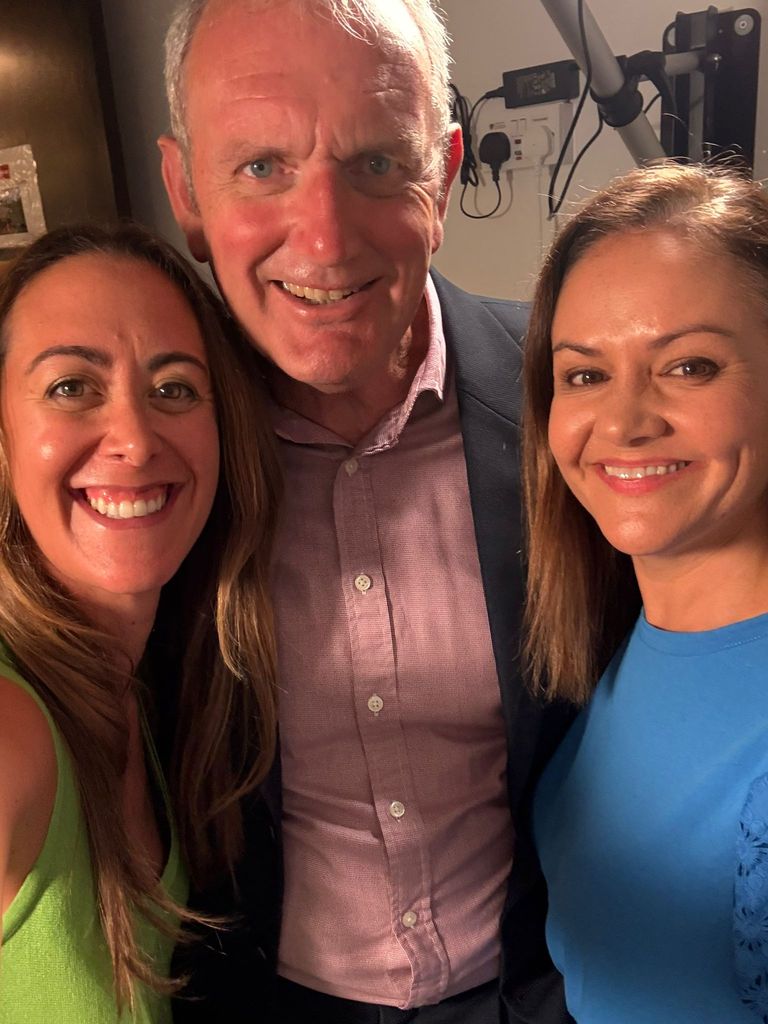 Podcast hosts Andrea Caamano and Emily Nash with royal author Valentine Low 