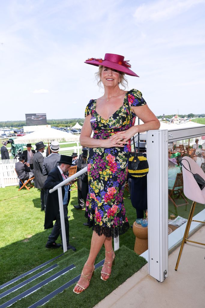 penny lancaster posing at royal ascot in floral dress