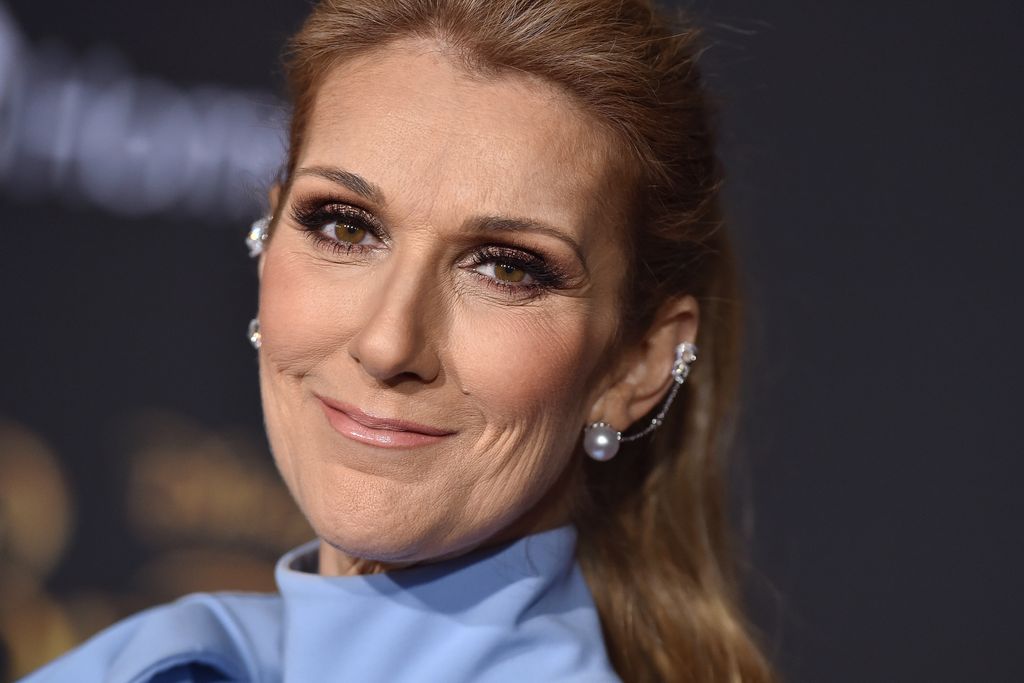 Celine Dion smiling in a blue top