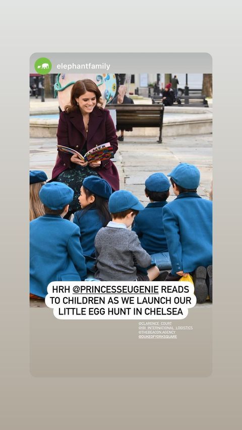 Princess Eugenie reads Elmer The Elephant to schoolchildren in Sloane Square