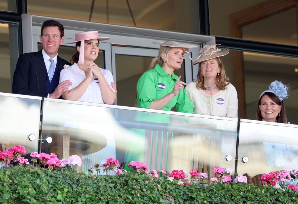 Jack Brooksbank, Princess Eugenie of York, Lucy van Straubenzee, Lady Laura Meade and Carole Middleton smile 