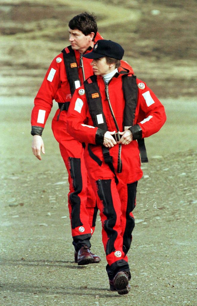 The Princess Royal arriving on Fair Isle by helicopter, with her husband, Captain Timothy Laurence in 1998