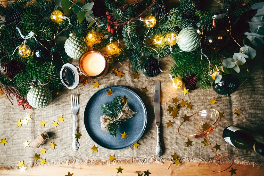 New Year's table set. New Year. Christmas. Festive decor.