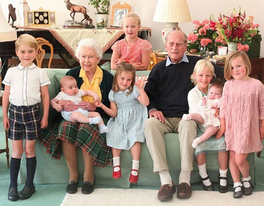 The Queen and Prince Philip pictured with some of their great-grandchildren at Balmoral in 2018
