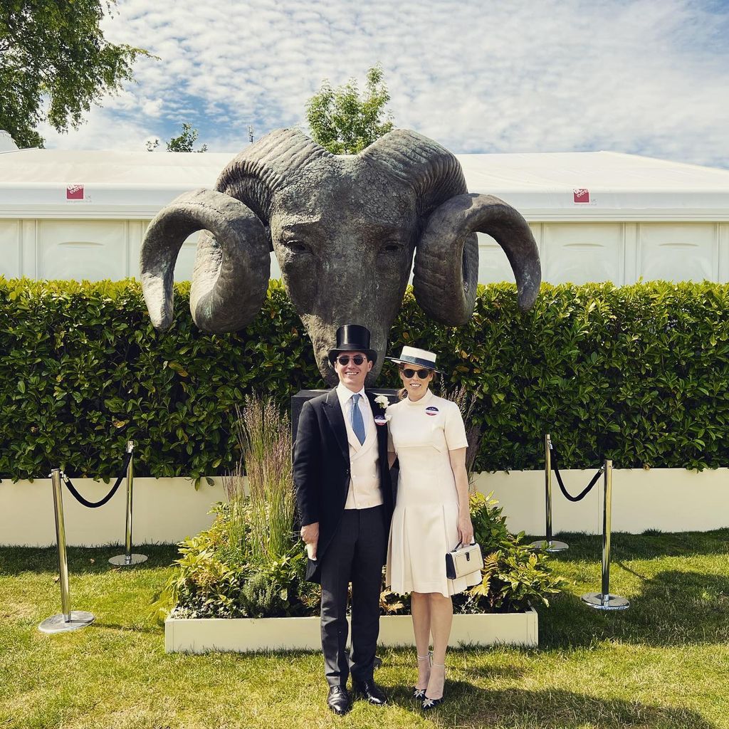 Edoardo Mapelli Mozzi and Princess Beatrice pose at Ascot in front of a sculpture by Edoardo's stepfather David Williams-Ellis