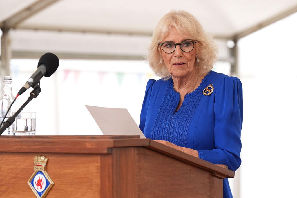 Queen Camilla speaking at a garden party for the HMS Astute Ship's Company and their families
