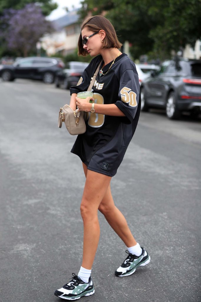hailey bieber in a sporty chic look