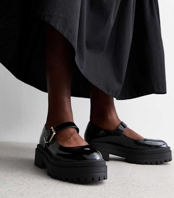 Black Patent Leather-Look Chunky Mary Jane Shoes from New Look