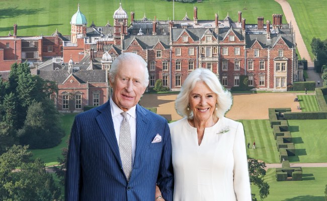 king charles and camilla in front of sandringham