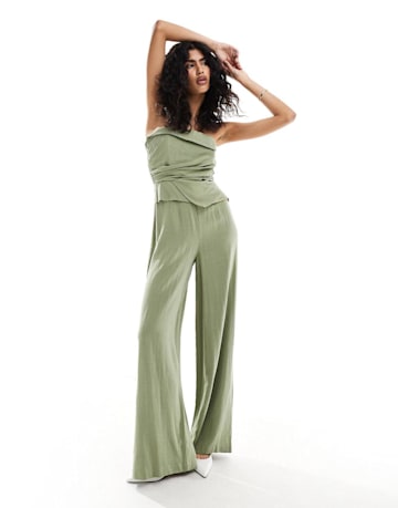 ASOS DESIGN drape detail bandeau jumpsuit in khaki linen