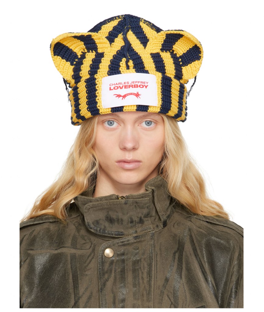 Yellow & Navy Chunky Ears Beanie