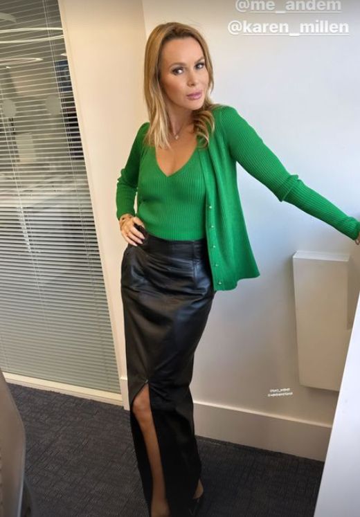 Amanda Holden in green shirt and leather skirt