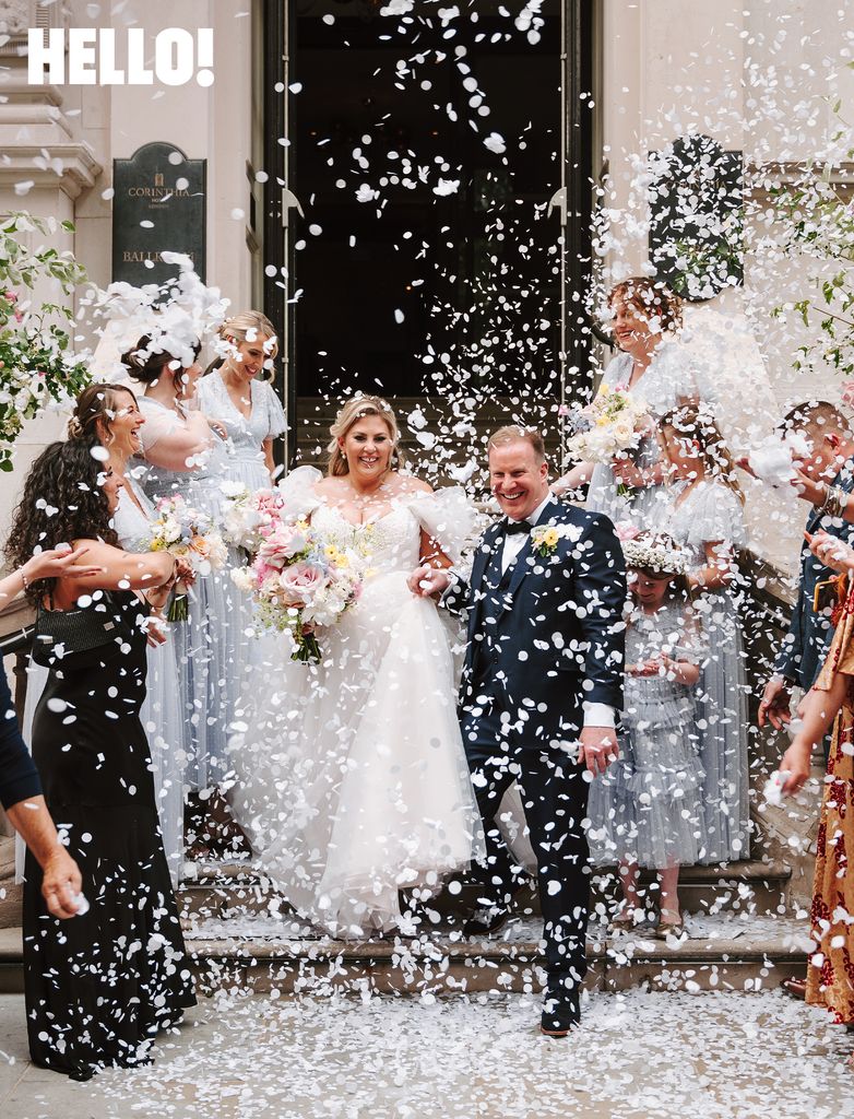 Louise Pentland and Liam walking through confetti holding hands after their wedding