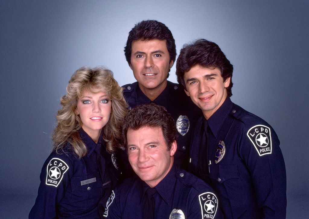 Pictured from left is Heather Locklear (as Officer Stacy Sheridan), James Darren (as Officer Jim Corrigan), Adrian Zmed (as Officer Vince Romano) and in front is William Shatner (as Sergeant T.J. Hooker) in the CBS television show, T.J. HOOKER. September 1, 1985.