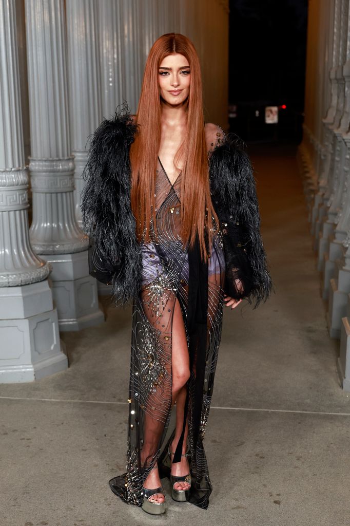 Dixie D’Amelio attends the 2025 LACMA Art+Film Gala in gucci sheer gown and coat from feathers