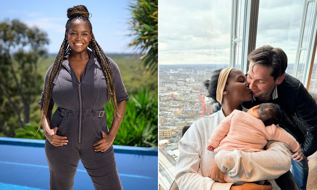 Split image of Oti Mabuse on I'm a Celebrity and cuddling her daughter alongside her husband