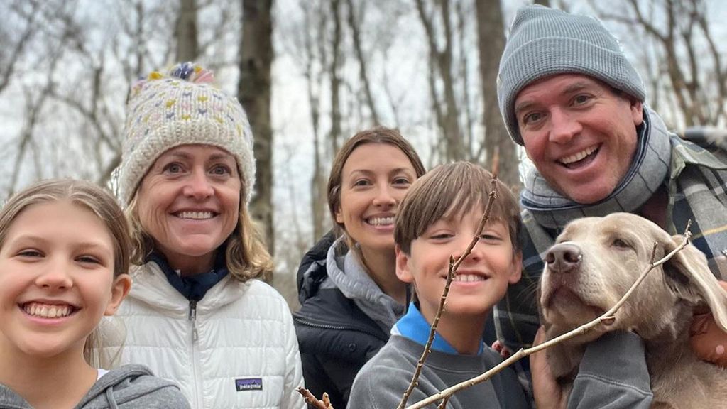 Michael Weatherly with wife Bojana children Liam and Olivia in a forest