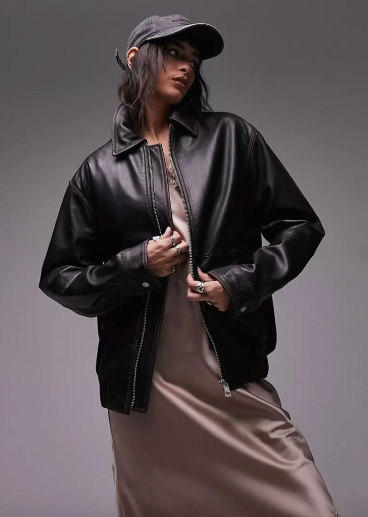 TOPSHOP Topshop faux leather oversized washed bomber, Brown Women's Bomber