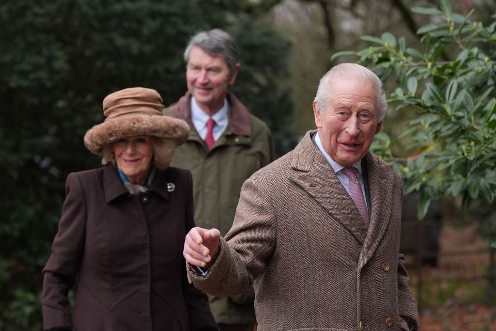 King Charles III, Queen Camilla and Vice Admiral Sir Tim Laurence, head to church in coats