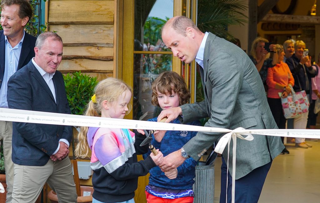 William officially opened the new Orangery restaurant at the Duchy of Cornwall nursery with nine-year-old twins, James and Violet Scott

