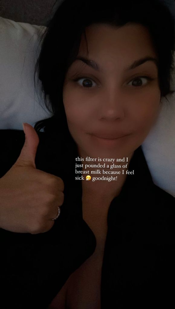 Photo shared by Kourtney Kardashian to her Instagram Stories April 2024 revealing she drank her won breast milk as a remedy for cold.