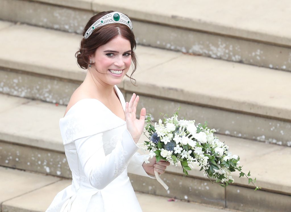 Princess Eugenie waving in wedding dress