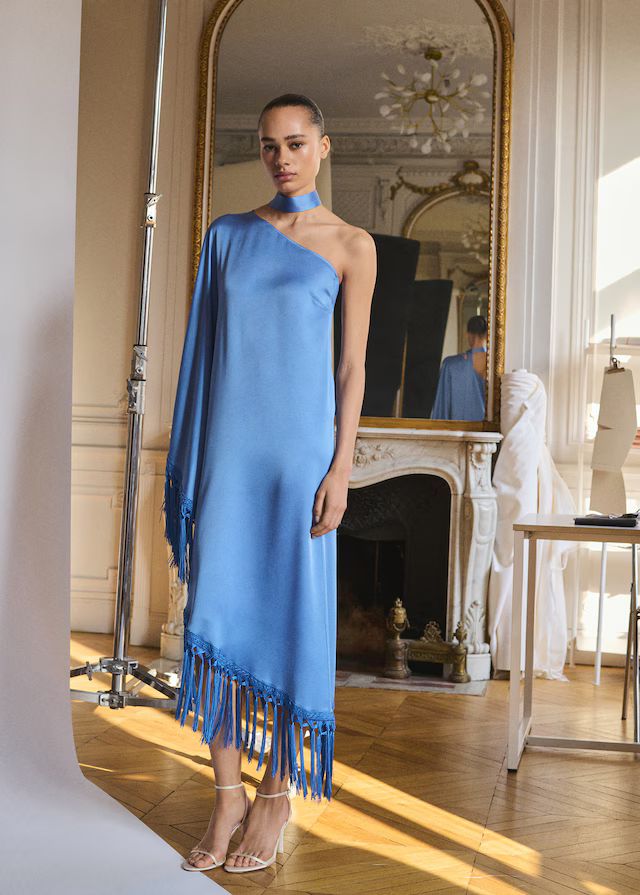 one shoulder blue fringed dress