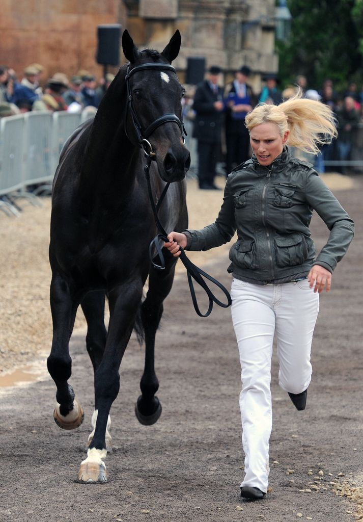 Zara Phillips takes her horse Glenbuck through the first horse inspection at Badminton Horse Trials on April 29, 2010 in Badminton, England