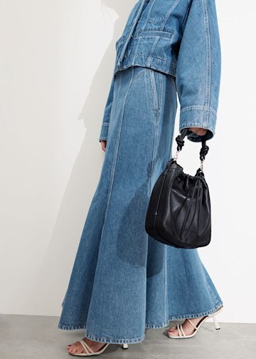 Pleated Denim Maxi Skirt