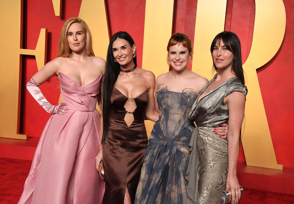 Rumer Willis, Demi Moore, Tallulah Willis, and Scout Willis arrives at the 2024 Vanity Fair Oscar Party Hosted By Radhika Jones at Wallis Annenberg Center for the Performing Arts on March 10, 2024 in Beverly Hills, California