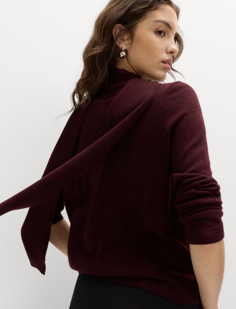 M&S Textured Scarf Neck Button Through Cardigan with Wool