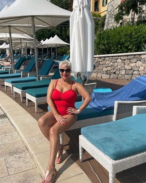 denise welch red swimsuit