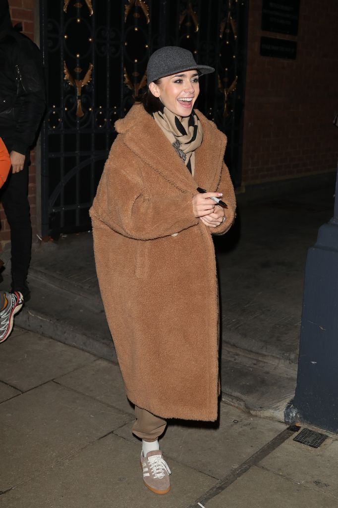 Lily Collins leaving the Duke of York theatre after starring in "Barcelona" on November 21, 2024 in London, England. (Photo by Ricky Vigil M / Justin E Palmer/GC Images)