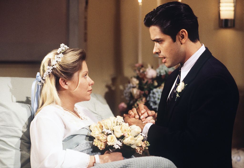 Kelly Ripa on the set of All My Children in 1997, with her husband Mark Consuelos