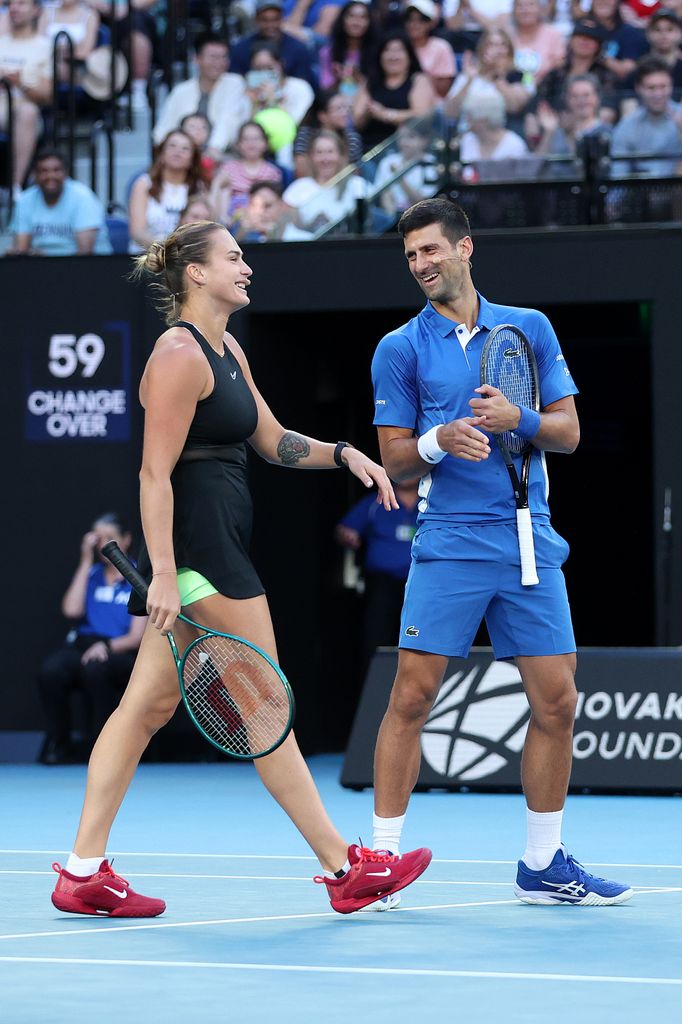 Novak Djokovic and Aryna Sabalenka react during a charity match