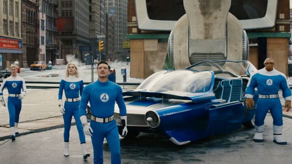 Ebon Moss-Bacharach, Vanessa Kirby, Pedro Pascal, and Joseph Quinn in a still from Fantastic Four 