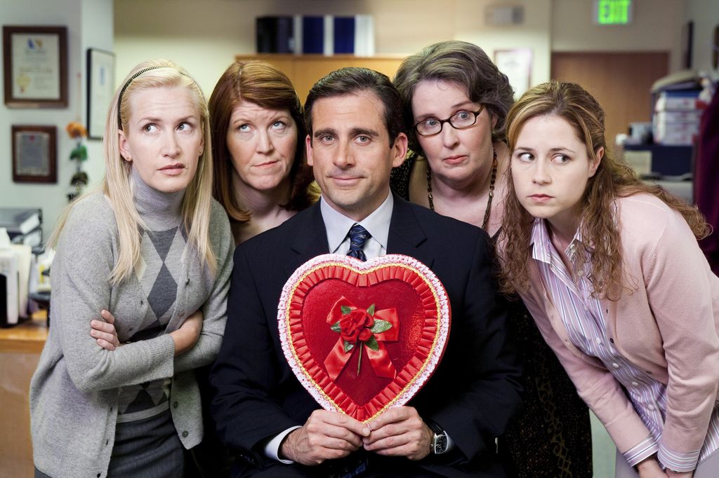 THE OFFICE - "Valentine's Day" Episode 16 (Angela Kinsey as Angela Martin, Kate Flannery as Meredith Palmer, Steve Carell as Michael Scott, Phyllis Smith as Phyllis Lapin, and Jenna Fischer as Pam Beesly)