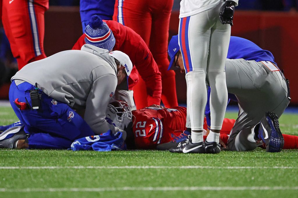 Damien Harris was tended to on the pitch following a tackle in the game against the New York Giants