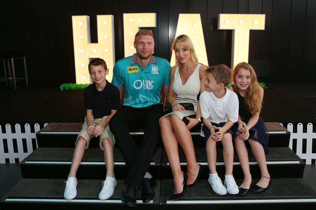 Ndrew Flintoff poses with his wife Rachael and children Holly, Corey and Rocky during the Brisbane Heat Big Bash League season launch at Southbank