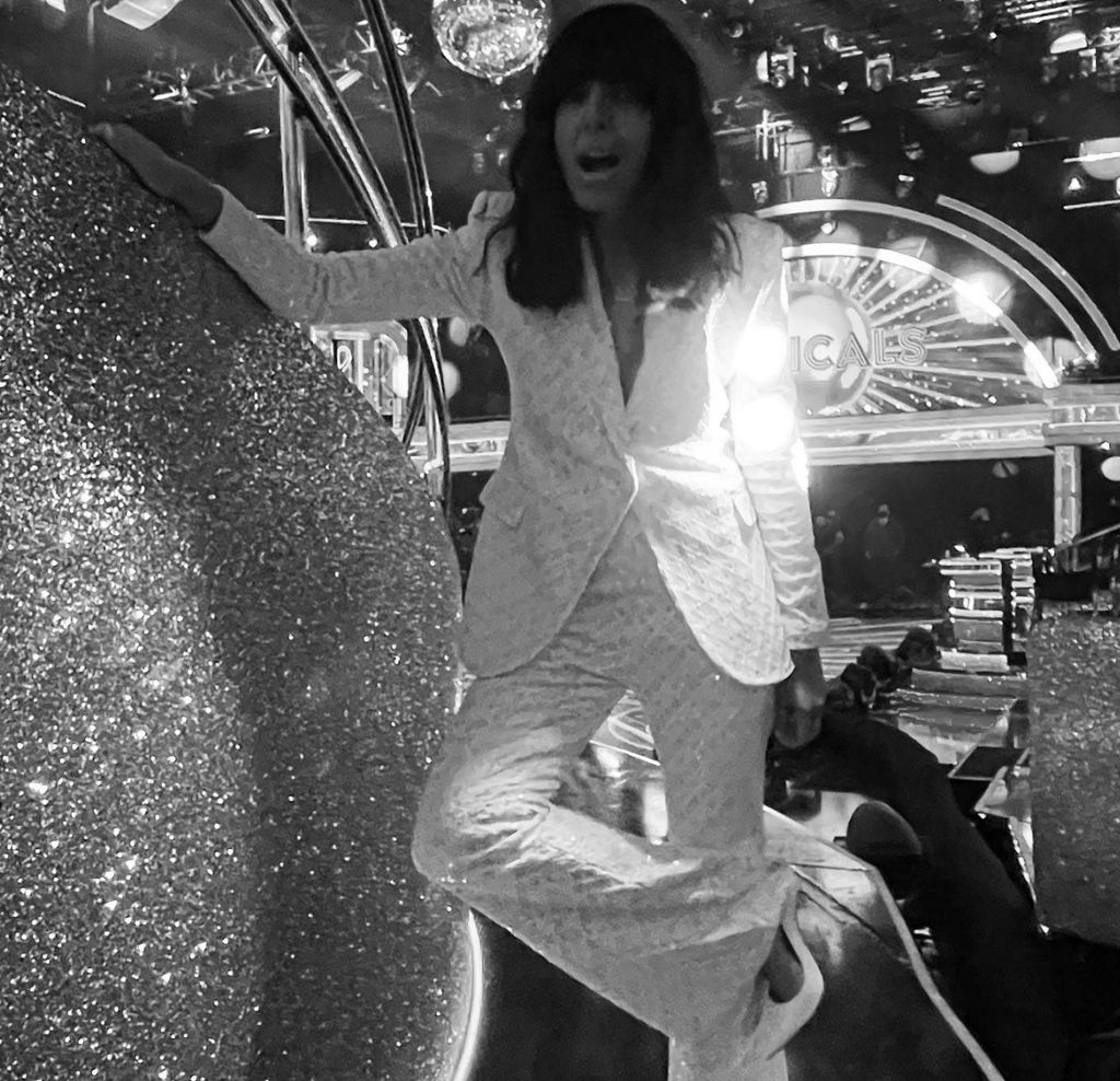Claudia Winkleman's white embellished suit on Strictly
