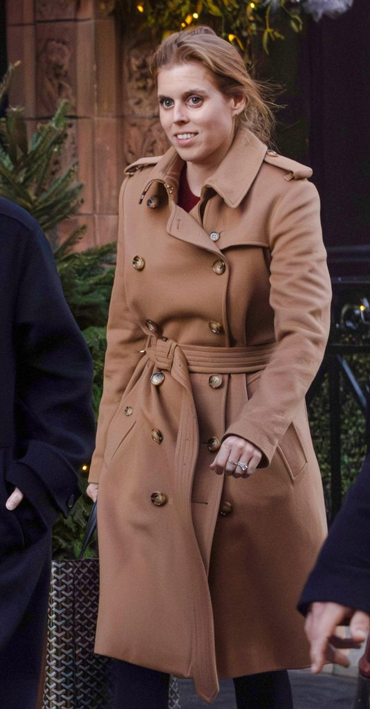 Princess Beatrice in tan coat on street