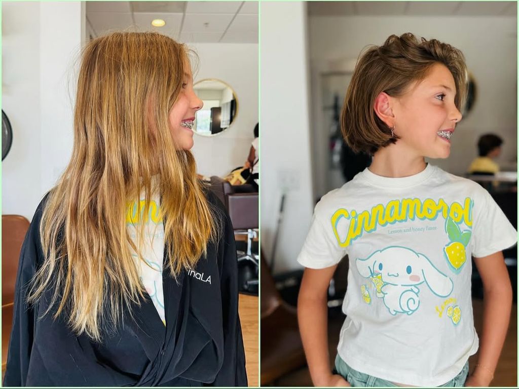 Before-and-after photos shared by Daniela Ruah on Instagram of her daughter Sierra with her new short haircut