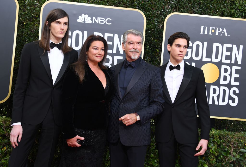 Pierce Brosnan, Keely Shaye Brosnan and their sons Paris Brosnan and Dylan Brosnan arrive for the 77th annual Golden Globe Awards on January 5, 2020, at The Beverly Hilton hotel in Beverly Hills, California