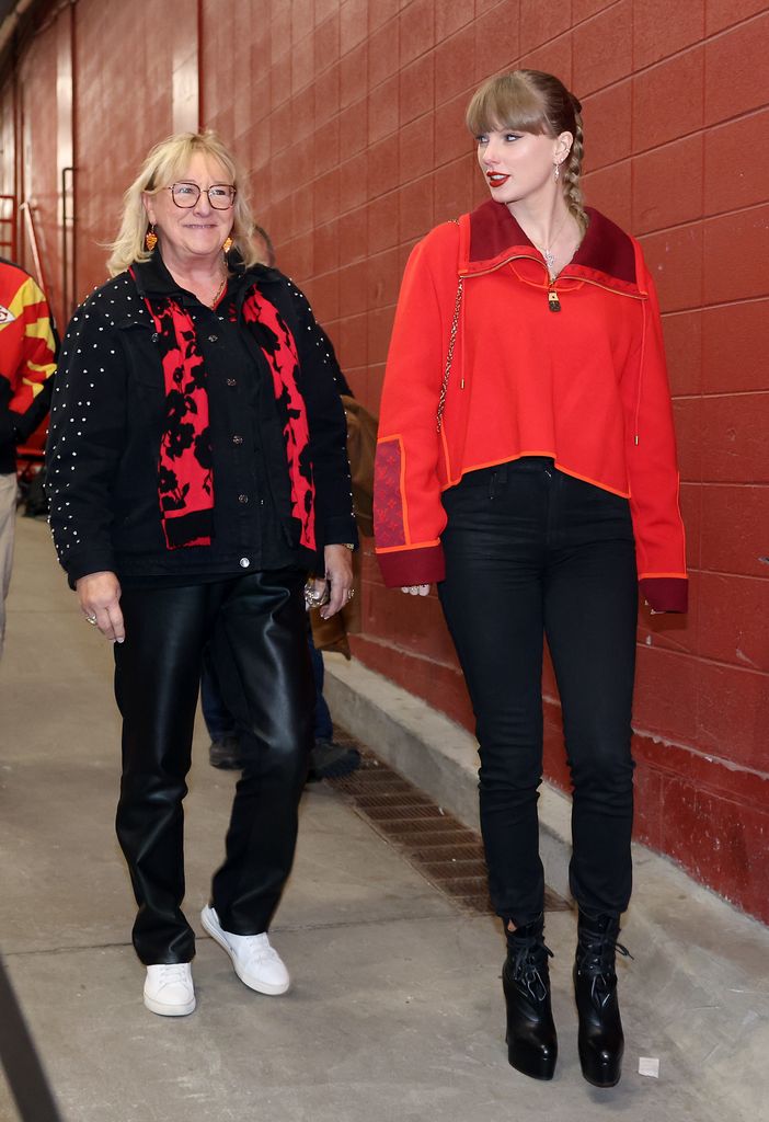 Taylor Swift walks into the stadium alongside Donna Kelce prior to the game in Novmber 2024