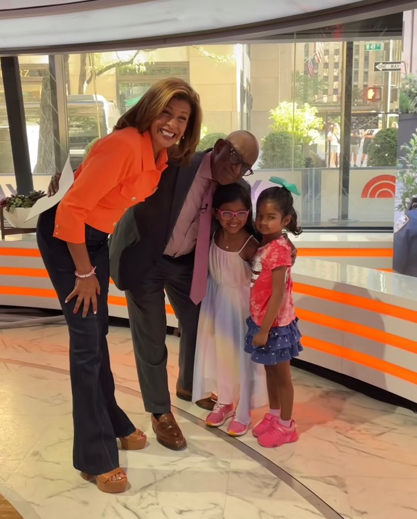 Photo shared by the Today Show on Instagram of Hoda Kotb celebrating her 50th birthday on the show, August 12, 2024, with Al Roker and her daughters, Haley and Hope.