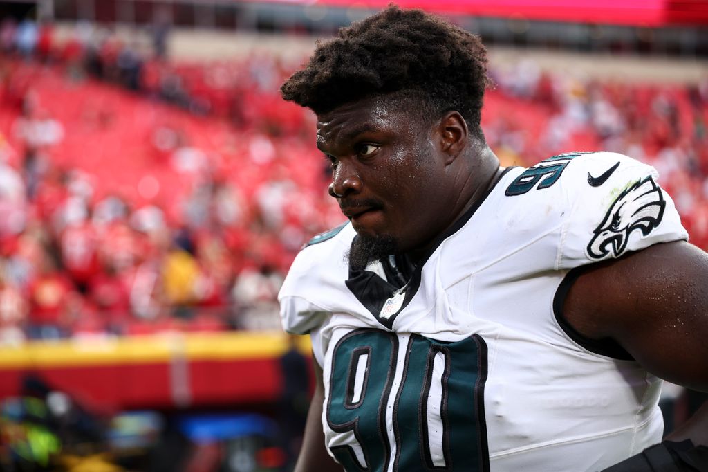 Jordan Davis #90 of the Philadelphia Eagles walks off the field after an NFL football game against the Kansas City Chiefs
